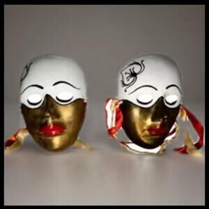 Vintage Gold & White Venetian-Style Wall Masks Hand Painted Gallery Decor (Pair)